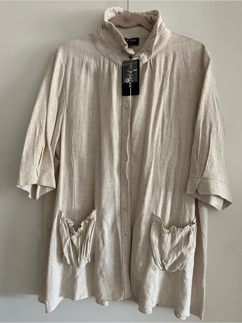 Red Coral Linen-Blend Cream Button-Front Jacket with Pockets